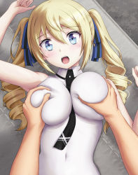Rule 34 | 1boy, 1girl, :o, angelina kudou shields, black necktie, blonde hair, blue eyes, blue ribbon, blush, breasts, collared dress, covered navel, dress, drill hair, first high school uniform, grabbing, grabbing another&#039;s breast, hair between eyes, highres, large breasts, lying, mahouka koukou no rettousei, medium hair, nanikairu, necktie, on back, open mouth, pov, ribbon, school uniform, shirt, sidelocks, sleeveless, solo focus, sweat, tight clothes, tight dress, twin drills, twintails, white dress