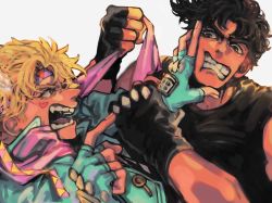 Rule 34 | 2boys, battle tendency, black gloves, blonde hair, blue gloves, brown hair, caesar anthonio zeppeli, clenched teeth, clothes grab, commentary request, facial mark, fangs, feather hair ornament, feathers, fighting, fingerless gloves, furrowed brow, gloves, hair ornament, hand on another&#039;s face, headband, holding another&#039;s wrist, jojo no kimyou na bouken, joseph joestar, joseph joestar (young), kasyuna1225, male focus, multiple boys, open mouth, pink scarf, pointing, pointing at another, pushing away, pushing face, scarf, short hair, teeth, triangle print