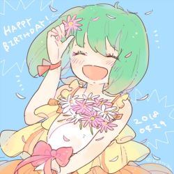 Rule 34 | 1girl, 2018, ^ ^, blue background, bouquet, bow, closed eyes, daisy, dated, dress, eyes visible through hair, flower, green hair, hair flower, hair ornament, hand up, holding, holding bouquet, katiko, macross, macross frontier, no nose, open mouth, petals, pink bow, pink flower, ranka lee, short hair, smile, solo, twitter username