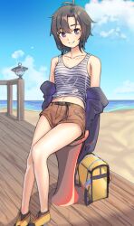 Rule 34 | 1girl, antenna hair, backpack, bag, bare shoulders, beach, belt, black belt, black hair, black jacket, black tank top, blue eyes, blue sky, boardwalk, breasts, brown shorts, closed mouth, cloud, collarbone, commentary, day, hair between eyes, highres, idolmaster, idolmaster (classic), jacket, kikuchi makoto, lantern, looking at viewer, midriff, navel, ocean, off shoulder, on stool, open clothes, open jacket, outdoors, sand, sansu, shirt, shoes, short hair, short shorts, shorts, sitting, sky, small breasts, smile, solo, stool, striped clothes, striped shirt, tank top, two-tone shirt, unworn backpack, unworn bag, white tank top, wooden floor, yellow footwear