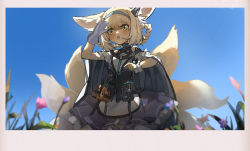 Rule 34 | 1girl, animal ear fluff, animal ears, arknights, belt pouch, blonde hair, blue flower, blue hairband, blue ribbon, blue sky, blurry, blurry foreground, border, cape, commentary, day, dress, feet out of frame, flower, fox ears, fox girl, frilled cuffs, frilled dress, frills, gloves, green eyes, grey border, hair rings, hairband, hand to forehead, hands up, infection monitor (arknights), kitsune, kyuubi, light blush, material growth, multiple tails, off-shoulder dress, off shoulder, open mouth, oripathy lesion (arknights), outdoors, pink flower, pleated skirt, pointing, pouch, purple dress, ribbon, single glove, skirt, sky, solo, suzuran (arknights), tail, white dress, wrist cuffs, yurooe