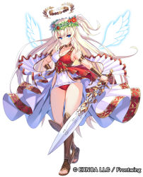 Rule 34 | 1girl, armlet, armor, bettle (b s a n), blonde hair, blue eyes, bracer, breasts, cleavage, dennou tenshi djibril, flower, full body, greaves, halo, head wreath, holding, holding sword, holding weapon, long hair, official art, sandals, solo, standing, sword, weapon, wings