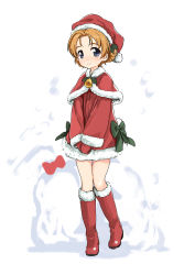 Rule 34 | 10s, 1girl, abe kanari, alternate costume, bell, blue eyes, blush, boots, bow, braid, capelet, dress, full body, girls und panzer, gloves, hair ornament, hat, holly, jingle bell, looking at viewer, mistletoe, orange hair, orange pekoe (girls und panzer), red dress, red footwear, red skirt, ribbon, santa boots, santa costume, santa hat, short hair, skirt, smile, solo, standing, twin braids, v arms, white background