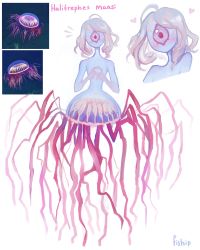 Rule 34 | 1girl, absurdres, ahoge, artist name, blue skin, colored skin, cyclops, fidgeting, heart, highres, index fingers together, jellyfish girl, looking at viewer, matilda fiship, monster girl, multiple views, notice lines, one-eyed, original, simple background, tentacles, white background