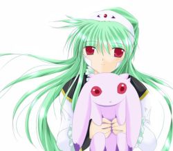 Rule 34 | 00s, 1girl, animal, galaxy angel, green hair, long hair, looking at viewer, pet, red eyes, simple background, solo, tagme, vanilla h, white background