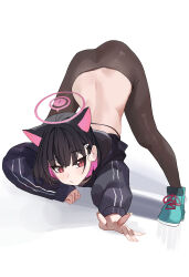 Rule 34 | 1girl, absurdres, animal ears, ass, black hair, black jacket, black pantyhose, blue archive, blush, cat ears, closed mouth, colored inner hair, extra ears, fingernails, green footwear, hair ornament, hairclip, highres, jacket, kazusa (blue archive), long sleeves, looking at viewer, multicolored hair, pantyhose, pink hair, red eyes, riel (ataraxia2334), shoes, short hair, simple background, solo, white background