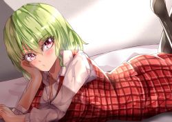 Rule 34 | 1girl, black pantyhose, breasts, cleavage, closed mouth, collared shirt, commentary request, dress shirt, green hair, hair between eyes, hand on own cheek, hand on own face, head tilt, highres, indoors, kazami yuuka, long sleeves, looking at viewer, lying, mahoro (minase mahoro), medium hair, on stomach, pantyhose, plaid, plaid skirt, plaid vest, red eyes, shirt, skirt, skirt set, solo, touhou, vest, white shirt