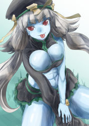 Rule 34 | 1girl, blue skin, blue skirt, breasts, character request, cleavage cutout, clothing cutout, colored skin, grey hair, hat, large breasts, long hair, low twintails, microskirt, navel, red eyes, sitting, skirt, slit pupils, smile, solo, tongue, tongue out, twintails, very long hair, yohane
