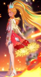 Rule 34 | 1girl, absurdres, blonde hair, blue hair, blurry, blurry background, commentary request, earrings, fire, from side, full body, glowing, glowing weapon, gold trim, high heels, high ponytail, highres, holding, holding sword, holding weapon, jacket, jennifer sumire sol, jewelry, long hair, long sleeves, looking ahead, momokan (mmkn100), multicolored hair, pretty series, profile, red eyes, skirt, solo, standing, streaked hair, sword, very long hair, waccha primagi!, weapon, white jacket, white skirt