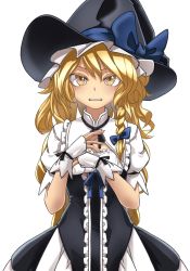 Rule 34 | 1girl, absurdres, apron, black dress, black neckwear, blonde hair, blue bow, bow, braid, buttons, dress, fingerless gloves, flat chest, frilled dress, frills, gloves, hair bow, hat, hat bow, highres, kikoka (mizuumi), kirisame marisa, long hair, puffy sleeves, short sleeves, simple background, solo, touhou, waist apron, white background, white gloves, witch hat, yellow eyes