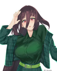 Rule 34 | 1girl, alternate costume, arm up, artist name, belt, breasts, business suit, chamame, collared shirt, eyeshadow, formal, green nails, green pants, green shirt, green suit, hair between eyes, highres, large breasts, light blush, long hair, makeup, nail polish, pants, red eyes, shirt, sidelocks, simple background, solo, suit, teeth, upper teeth only, very long hair, white background, yamada tae, zombie land saga