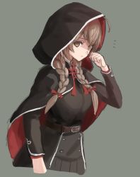 Rule 34 | 1girl, black capelet, braid, breasts, brown dress, brown hair, capelet, cowboy shot, cropped torso, dress, faker ktd, grey background, hood, hood up, hooded capelet, kantai collection, large breasts, long hair, looking at viewer, shinshuu maru (kancolle), simple background, solo, twin braids