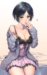Rule 34 | 1girl, black hair, black ribbon, blush, breasts, cable knit, cardigan, chemise, cleavage, collarbone, cowboy shot, e.de.n, finger to mouth, hayami kanade, highres, idolmaster, idolmaster cinderella girls, lace trim, lingerie, long sleeves, looking at viewer, medium breasts, off shoulder, open cardigan, open clothes, parted bangs, ribbon, short hair, signature, sitting, sleeves past wrists, smile, solo, spaghetti strap, thighs, underwear, undressing, yellow eyes