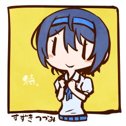Rule 34 | 1girl, belt, blue belt, blue hair, blue hairband, blue ribbon, border, cevio, character name, chibi, clenched hands, collared shirt, cropped torso, ganbaru pose, grey shirt, hairband, hands up, highres, kuron (uhhr2odhrppc5nw), looking ahead, neck ribbon, outside border, puffy short sleeves, puffy sleeves, ribbon, shirt, short hair, short sleeves, simple background, smile, solo, suzuki tsudumi, translation request, v-shaped eyebrows, white border, yellow background, | |