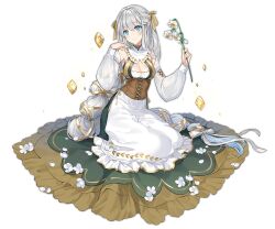 Rule 34 | 1girl, apron, ark order, blue eyes, braid, breasts, brown corset, cleavage, closed mouth, clothing cutout, corset, daffodil, detached sleeves, dress, flower, full body, gold trim, green dress, grey hair, hair ribbon, hatoyama itsuru, jewelry, large breasts, lily (flower), long sleeves, looking at viewer, official art, on floor, puffy long sleeves, puffy sleeves, ribbon, sitting, smile, solo, tachi-e, transparent background, virgo (ark order), white apron, white flower, white sleeves, yellow ribbon