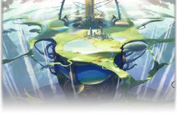 Rule 34 | 00s, ar tonelico, ar tonelico iii, border, cloud, day, floating continent, floating island, gust, no humans, official art, outdoors, plant roots, scenery, sky, transparent background, transparent border