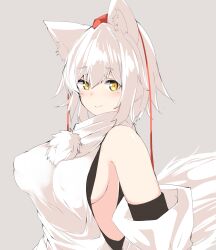 Rule 34 | 1girl, absurdres, animal ear fluff, animal ears, arms at sides, breasts, closed mouth, detached sleeves, grey background, hair between eyes, hat, highres, houkai (collapse illust), inubashiri momiji, light blush, light smile, looking at viewer, medium breasts, medium hair, pom pom (clothes), shirt, sideboob, simple background, sleeveless, sleeveless shirt, solo, tail, tokin hat, touhou, upper body, white hair, wolf ears, wolf girl, wolf tail, yellow eyes