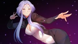 Rule 34 | 1girl, bodysuit, breasts, caroline barraclough, cleavage, closed mouth, facepaint, female focus, game cg, gradient background, hands up, large breasts, leaning forward, legs, light purple hair, looking at viewer, original, outstretched arm, pero, re:d cherish, short hair with long locks, sidelocks, simple background, solo, thick eyebrows, thighs, yellow eyes