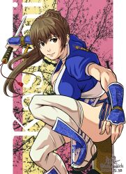 Rule 34 | 1girl, artist name, breasts, brown eyes, brown hair, character name, choker, cleavage, closed mouth, commentary request, dead or alive, dead or alive 2, fingernails, highres, holding, holding sword, holding weapon, japanese clothes, kasumi (doa), kodachi, leg up, lips, long hair, looking at viewer, medium breasts, mimiyama kiichi, ninja, ponytail, puffy short sleeves, puffy sleeves, reverse grip, sandals, short sleeves, short sword, signature, simple background, smile, sword, thighhighs, thighs, weapon