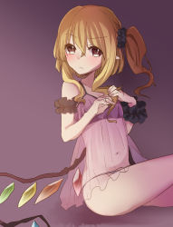 Rule 34 | 1girl, abe suke, babydoll, blonde hair, blush, brown background, brown eyes, closed mouth, commentary request, cowboy shot, artistic error, flandre scarlet, from side, hair between eyes, hair ornament, hair scrunchie, highres, looking at viewer, navel, panties, pointy ears, scrunchie, see-through, side ponytail, sidelocks, sitting, solo, touhou, underwear, wrist scrunchie