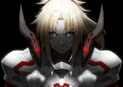 Rule 34 | 1girl, absurdres, angry, armor, bad id, bad pixiv id, black background, blonde hair, fate/apocrypha, fate/grand order, fate (series), glaring, glowing, glowing eyes, green eyes, grimace, highres, hyperbudd, mordred (fate), mordred (fate/apocrypha), mordred (mythology), ponytail, solo, tearing up, teeth, upper body