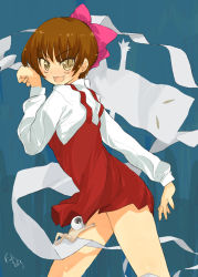 Rule 34 | 1girl, :d, bare legs, blue background, bow, brown hair, cowboy shot, dress, from side, gegege no kitarou, long sleeves, looking at viewer, looking to the side, mukoujima tenro, nekomusume, open mouth, pink bow, red dress, short hair, simple background, smile, solo, tenro, toei animation, walking, yellow eyes