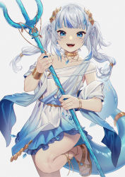 Rule 34 | 1girl, :d, blue eyes, blue hair, blue nails, bracelet, choker, commentary, dress, fins, fish tail, gawr gura, gawr gura (party dress), gradient dress, highres, holding, holding polearm, holding weapon, hololive, hololive english, jewelry, laurel crown, long hair, looking at viewer, multicolored hair, nail polish, open mouth, polearm, sandals, shark tail, sharp teeth, simple background, smile, solo, standing, standing on one leg, streaked hair, tail, teeth, toeless footwear, toenail polish, toenails, trident, twintails, virtual youtuber, weapon, wenz, white background, white dress, white hair, yellow choker