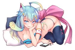 Rule 34 | 1girl, ahoge, animal ear fluff, animal ears, bare arms, bare shoulders, black panties, black thighhighs, blue bra, blue eyes, blue hair, blush, bow, bra, breasts, cat ears, cellphone, cleavage, commentary request, hair ornament, indie virtual youtuber, lanmewko, large bow, long hair, looking at viewer, medium breasts, panties, phone, pillow, pink bow, prehensile hair, simple background, smartphone, smile, solo, star (symbol), star hair ornament, thighhighs, underwear, waero, white background