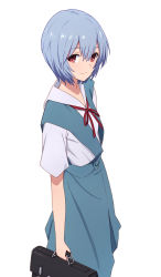 Rule 34 | 1girl, ayanami rei, bag, blue hair, blue skirt, breasts, briefcase, buttons, closed mouth, cowboy shot, from side, hair between eyes, highres, holding, light smile, looking at viewer, looking back, neon genesis evangelion, pleated skirt, red eyes, red ribbon, ribbon, school bag, school uniform, shirt, short hair, short sleeves, simple background, skirt, small breasts, smile, solo, standing, suspender skirt, suspenders, white background, white shirt, wing collar, yahiro (epicopeiidae)