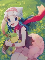 Rule 34 | 1girl, :d, beanie, blue eyes, blue hair, blush, boots, commentary request, creatures (company), dawn (pokemon), game freak, gen 4 pokemon, hair ornament, hanenbo, hat, highres, holding, holding pokemon, long hair, looking to the side, nintendo, open mouth, pink footwear, pink scarf, pokemon, pokemon (creature), pokemon dppt, scarf, smile, teeth, tongue, turtwig, white headwear