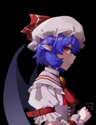 Rule 34 | 1girl, ascot, bat wings, black background, blue hair, brooch, collared shirt, frilled shirt collar, frills, hat, highres, jewelry, mob cap, onionmay, pointy ears, red ascot, red eyes, remilia scarlet, shirt, short hair, simple background, slit pupils, solo, touhou, white hat, white shirt, wings, wrist cuffs