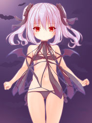 Rule 34 | 1girl, animal, bare shoulders, bat (animal), black bow, black bra, black panties, blush, bow, bra, breasts, closed mouth, commentary request, gluteal fold, gradient background, hair between eyes, hair bow, highres, long hair, looking at viewer, navel, original, panties, purple background, red eyes, revealing clothes, side-tie panties, silver hair, small breasts, solo, twintails, underwear, yuku (kiollion)