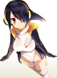 Rule 34 | 10s, 1girl, black hair, blush, breasts, collar, crotch, drawstring, emperor penguin (kemono friends), eyelashes, from above, grin, hair over one eye, hatching (texture), headphones, highres, hood, hooded jacket, jacket, kemono friends, large breasts, leotard, long sleeves, looking at viewer, looking up, multicolored hair, navel, nuqura, open clothes, open jacket, outline, red eyes, shadow, short hair, sidelocks, simple background, smile, socks, solo, streaked hair, teeth, thighhighs, tsurime, turtleneck, white background, white leotard