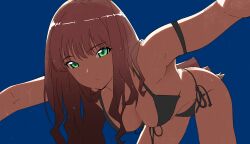 Rule 34 | 1girl, bikini, black background, black bikini, breasts, brown hair, cleavage, commentary, cowboy shot, expressionless, green eyes, gridman universe, highres, leaning forward, long hair, looking at viewer, medium breasts, minami yume, simple background, slim (sl1m skull), solo, ssss.dynazenon, swimsuit, wet