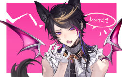 Rule 34 | 1boy, animal ears, black hair, blonde hair, border, chinese commentary, collar, colored inner hair, commentary request, demon wings, eyeshadow, fangs, fingernails, gloves, hand up, highres, kemonomimi mode, looking at viewer, makeup, male focus, metal collar, multicolored hair, nijisanji, nijisanji en, open mouth, outside border, pink background, pink hair, portrait, purple eyes, purple hair, qingyu, red eyeshadow, sharp fingernails, short hair with long locks, shu yamino, shu yamino (1st costume), simple background, solo, speech bubble, streaked hair, swept bangs, tail, virtual youtuber, white border, white gloves, wings, wolf boy, wolf ears, wolf tail