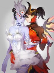 Rule 34 | 2girls, alternate costume, arm ribbon, black hair, black lips, bodysuit, bow, breasts, collarbone, colored skin, cowboy shot, dark persona, demon horns, demon tail, devil mercy, dress, earrings, closed eyes, facial mark, facing another, forehead mark, frilled dress, frills, gloves, grey background, hand grab, head-mounted display, headdress, highres, horns, hug, hug from behind, jewelry, leg ribbon, lips, lipstick, long hair, lyncis, makeup, mask, mechanical wings, medium breasts, mercy (overwatch), mouth mask, multiple girls, neck garter, odette widowmaker, official alternate costume, overwatch, overwatch 1, ponytail, purple skin, ribbon, sleeveless, sleeveless dress, small breasts, tail, very long hair, white dress, widowmaker (overwatch), wings, yuri