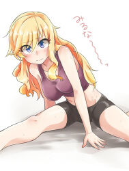 Rule 34 | 1girl, arm support, bare shoulders, bike shorts, blonde hair, blue eyes, blush, breasts, cleavage, closed mouth, collarbone, crop top, cropped shirt, highres, idolmaster, idolmaster cinderella girls, idolmaster cinderella girls starlight stage, ishii takuma, large breasts, leaning forward, long hair, looking at viewer, ohtsuki yui, purple shirt, shirt, shy, simple background, sleeveless, sleeveless shirt, solo, spread legs, sweat, wavy hair, white background