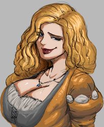 Rule 34 | 1girl, artist request, blonde hair, blue eyes, breasts, cleavage, dragon&#039;s dogma, dragon&#039;s dogma (series), highres, jewelry, large breasts, lipstick, looking at viewer, madeleine (dragon&#039;s dogma), makeup, necklace, smirk, solo, upper body