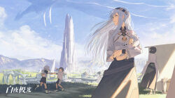 Rule 34 | 2boys, 2girls, alchemy stars, baby, baby carry, black hair, black shorts, black skirt, blanket, boots, building, carrying, cloud, copyright name, drying, drying clothes, grey hair, high-waist skirt, highres, house, jiankun yu, long hair, long sleeves, looking at another, mountainous horizon, multiple boys, multiple girls, pointing, shadow, short hair, shorts, sideways mouth, skirt, smile, standing, tower, white footwear, windmill, wristband