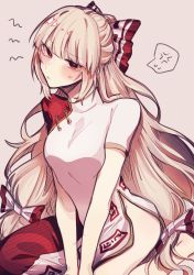 Rule 34 | 1girl, absurdres, adapted costume, anger vein, blush, bow, dress, fujiwara no mokou, hair bow, highres, long hair, looking at viewer, red eyes, sitting, solo, somei ooo, spoken anger vein, touhou, very long hair, white bow