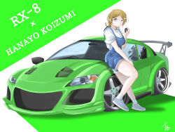 Rule 34 | 1girl, absurdres, artist name, artist request, bare legs, blue pants, blue shorts, blush, breasts, brown hair, car, cowboy shot, crescent, crescent earrings, earrings, female focus, food, full body, grey footwear, hair between eyes, hair ornament, highres, holding, holding food, jewelry, koizumi hanayo, looking at viewer, love live!, love live! school idol project, medium breasts, motor vehicle, onigiri, pants, parted lips, purple eyes, shirt, shoes, short hair, short sleeves, shorts, smile, sneakers, solo, white shirt