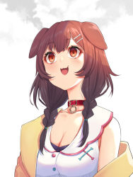 Rule 34 | 1girl, :3, animal collar, animal ears, bare shoulders, blush, bone hair ornament, braid, breasts, brown eyes, brown hair, cleavage, collar, collarbone, commentary request, dog ears, dog girl, ears down, fang, hair ornament, hair over shoulder, hairclip, highres, hololive, inugami korone, inugami korone (1st costume), jacket, long hair, looking up, low twintails, medium breasts, mikan (chipstar182), off-shoulder jacket, off shoulder, open clothes, open jacket, open mouth, red collar, smile, solo, steaming body, twin braids, twintails, upper body, virtual youtuber, yellow jacket