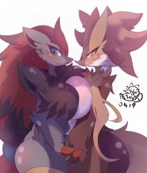 Rule 34 | 2girls, absurdres, animal ear fluff, animal ears, black hair, blue eyes, blush, breast press, breasts, bright pupils, closed mouth, commentary, cowboy shot, creatures (company), dated, delphox, embarrassed, eyeshadow, fang, fox ears, fox tail, furry, furry female, game freak, gen 5 pokemon, gen 6 pokemon, hair ornament, highres, holding hands, huge breasts, long hair, looking at viewer, makeup, multicolored fur, multicolored hair, multiple girls, navel, nintendo, nyaswitchnya, pokemon, pokemon (creature), red eyes, red eyeshadow, red fur, red hair, red nose, signature, simple background, skin fang, slit pupils, smile, symbol-only commentary, symmetrical docking, tail, thick thighs, thighs, tsurime, very long hair, wavy mouth, white background, white fur, white pupils, yellow fur, zoroark
