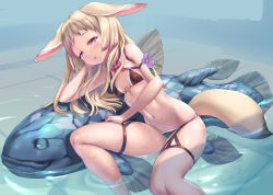 Rule 34 | 1girl, animal, animal ears, arm rest, bikini, black bikini, blonde hair, breasts, commentary request, drooling, fish, fox ears, fox tail, leaning to the side, legs, long hair, navel, original, oversized animal, partially submerged, purple eyes, sitting, small breasts, smile, swimsuit, tail, thigh strap, thighs, tougetsu gou, water, wet