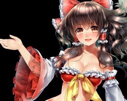 Rule 34 | 1girl, :d, adapted costume, alternate costume, bad id, bad twitter id, bare shoulders, black background, black hair, blush, bow, bra, breasts, cleavage, collarbone, detached sleeves, frilled bra, frilled sleeves, frills, hair bow, hair tubes, hakurei reimu, long hair, long sleeves, looking at viewer, open mouth, red bow, red bra, red eyes, smile, solo, strapless, strapless bra, touhou, tsukiriran, underwear, upper body, wide sleeves