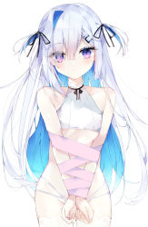 Rule 34 | 1girl, absurdres, amane kanata, amane kanata (work), bare shoulders, black ribbon, blue hair, breasts, closed mouth, commentary request, crop top, eyes visible through hair, grey hair, groin, hair over one eye, hair ribbon, highres, hololive, long hair, multicolored hair, panties, purple eyes, ribbon, shigureszku, simple background, single hair intake, small breasts, solo, thighhighs, two-tone hair, two side up, underboob, underwear, very long hair, virtual youtuber, white background, white panties, white thighhighs