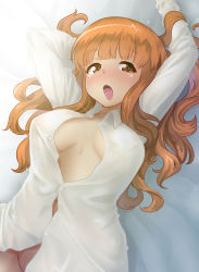 Rule 34 | 1girl, absurdres, arms up, bed sheet, blunt bangs, breasts, commentary, dress shirt, from above, girls und panzer, half-closed eyes, highres, long hair, lying, medium breasts, naked shirt, on back, on bed, open mouth, orange eyes, orange hair, shiina excel, shirt, solo, sweat, takebe saori, tearing up, waking up, yawning