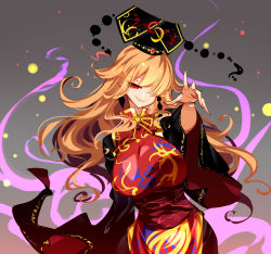 Rule 34 | 1girl, black headwear, blonde hair, breasts, chinese clothes, closed mouth, crescent, crescent pin, energy, hair over one eye, highres, junko (touhou), large breasts, long hair, raptor7, red eyes, sleeves past fingers, sleeves past wrists, smile, solo, tabard, touhou, upper body, wide sleeves