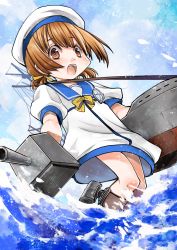 Rule 34 | 1girl, absurdres, blue sailor collar, brown eyes, brown hair, cloud, day, dress, hair ribbon, hat, highres, kagesaki yuna, kaiboukan no. 4 (kancolle), kantai collection, low twintails, outdoors, ribbon, rigging, sailor collar, sailor dress, sailor hat, short sleeves, short twintails, sky, solo, twintails, water, white dress, white hat
