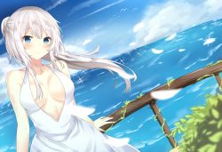 Rule 34 | 1girl, bare shoulders, bird, blurry, blush, breasts, breasts apart, bush, center opening, closed mouth, cloud, collarbone, contrail, day, depth of field, dress, dutch angle, fence, halterneck, head tilt, highres, horizon, kurigura (sketch san), looking at viewer, medium breasts, ocean, original, outdoors, seagull, shiny skin, silver hair, sleeveless, sleeveless dress, solo, sparkle, tareme, water, wind